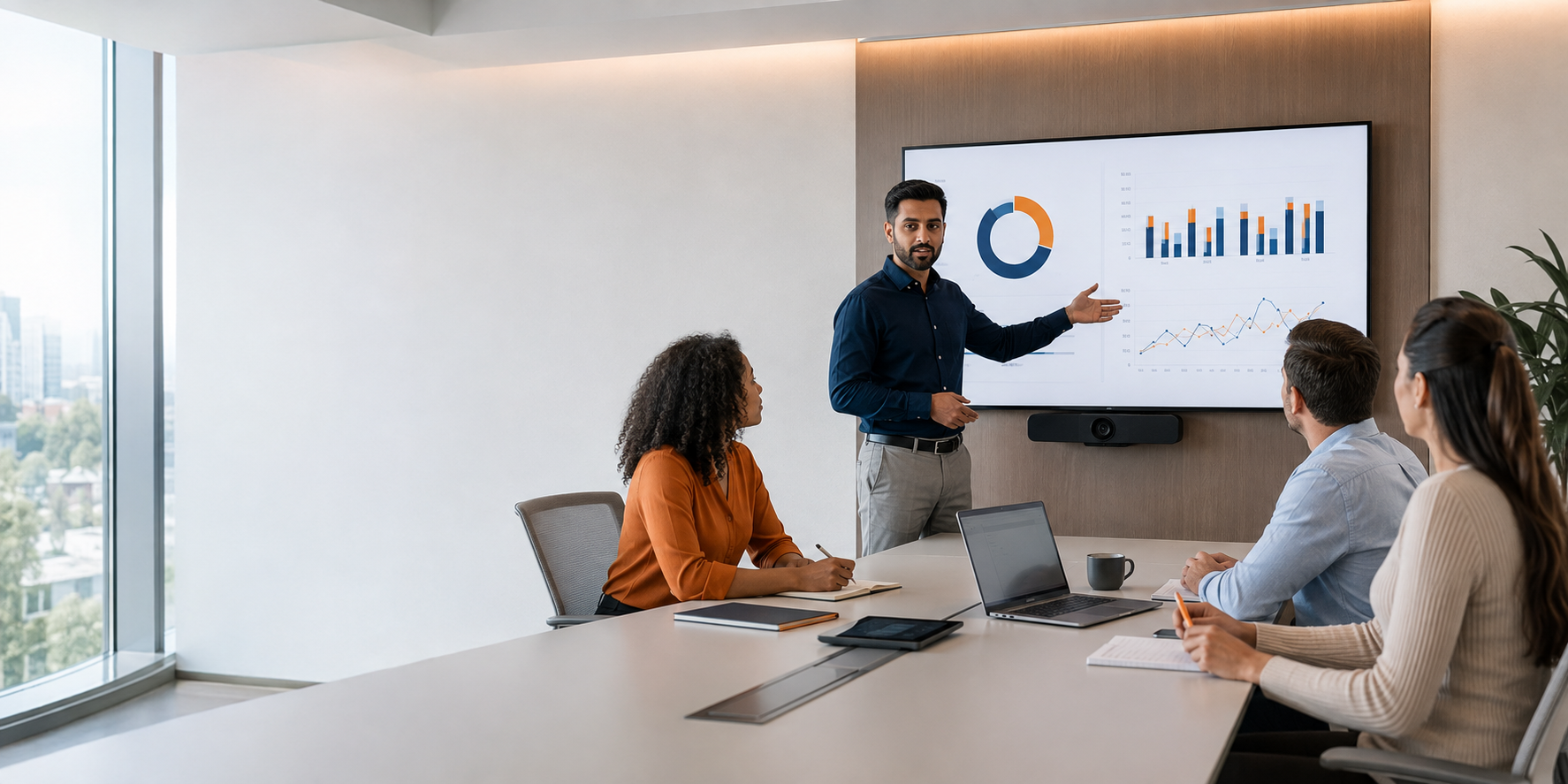 Professionals collaborating in a modern meeting room using integrated audiovisual technology